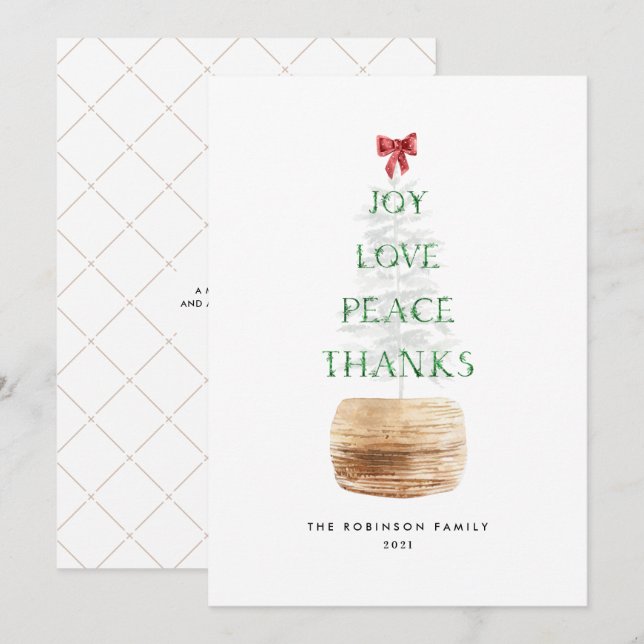 Trendy Boho Christmas Tree Typography Green Red Holiday Card (Front/Back)