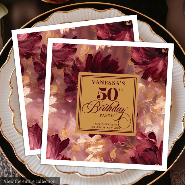 Trendy Boho Dark Red Blush Gold 50th Birthday   Napkin (Trendy Boho Dark Red Blush Gold 50th Birthday Paper Dinner Napkins)