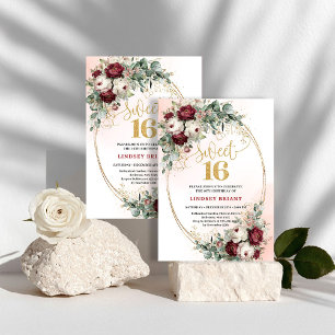 Trendy Boho Deep Red Floral Gold Sweet 16 Birthday Invitation
