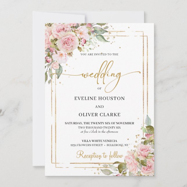 Trendy Boho dusty pink roses gold geometric frame  Invitation (Front)
