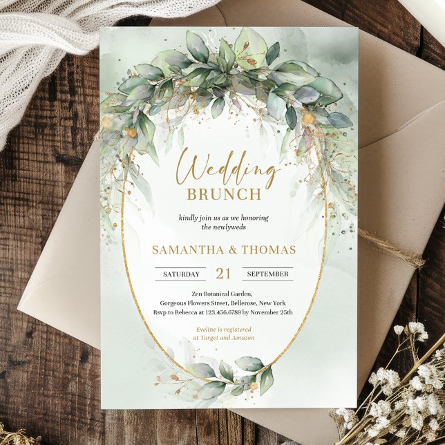 Trendy boho eucalyptus green gold wedding brunch invitation (Boho eucalyptus greenery foliage gold oval arch wedding invitation digital)