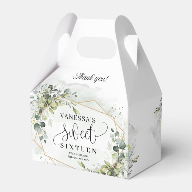 Trendy boho eucalyptus greenery gold 16th birthday favour box (Back Side)