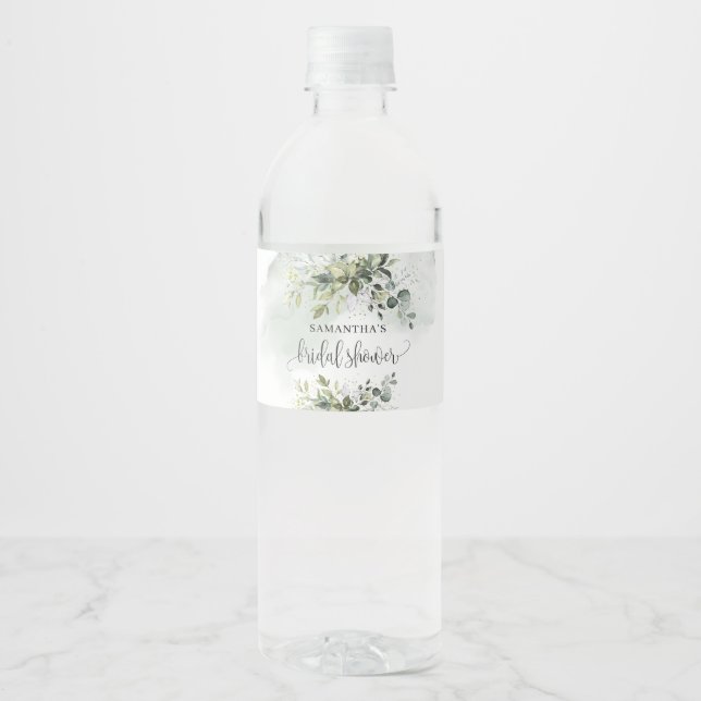 Trendy boho eucalyptus greenery gold Bridal Water Bottle Label (Front)
