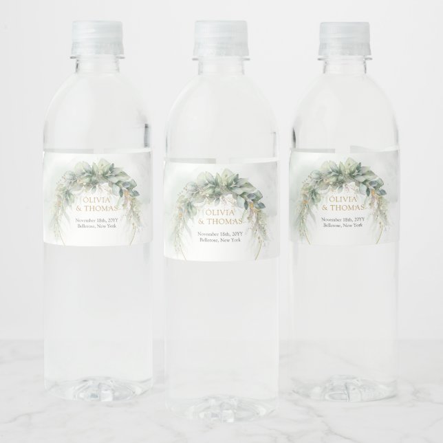 Trendy boho eucalyptus greenery gold water bottle label (Bottles)