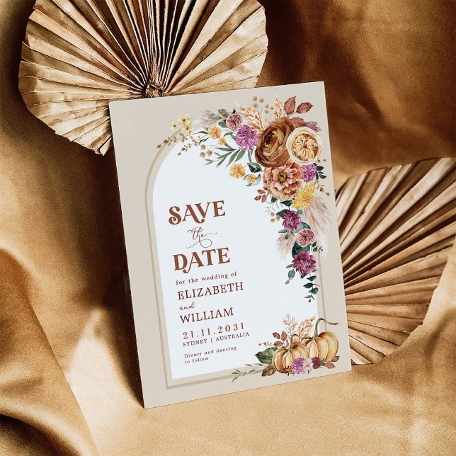 Trendy Boho Fall Floral Pumpkin Save the Date (Creator Uploaded)