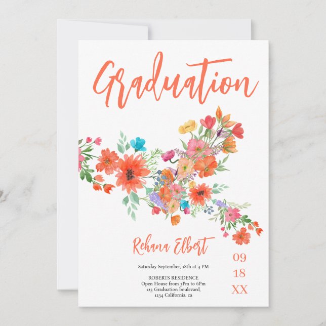 Trendy Boho Graduation Photo Card – Orange Florals (Front)