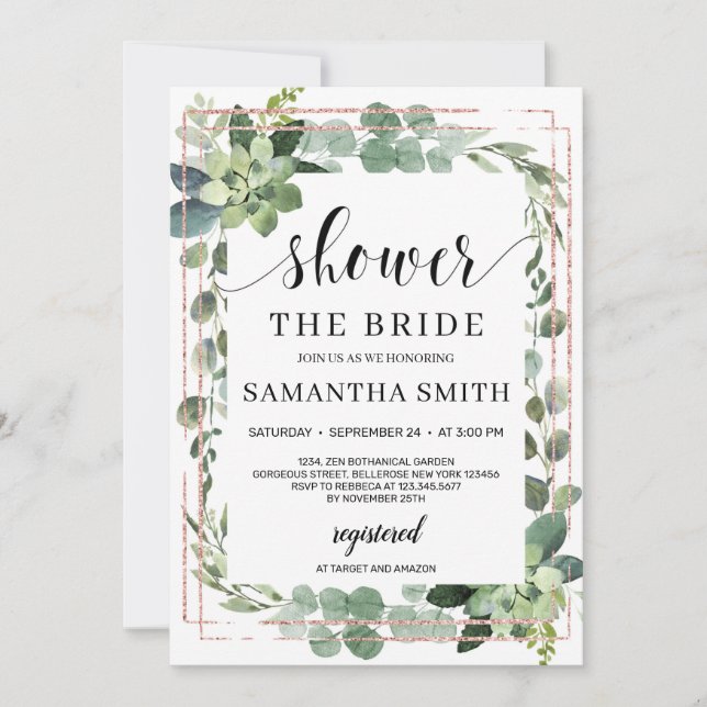 Trendy boho greenery succulent floral brunch invitation (Front)