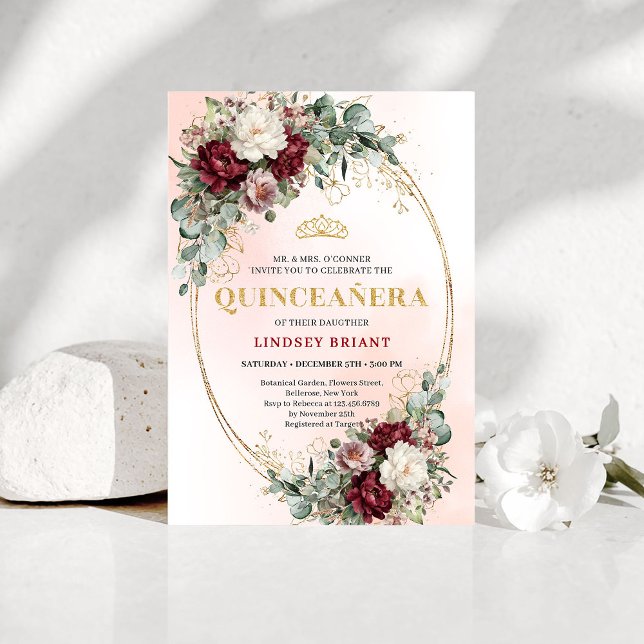 Trendy Boho Marsala Flowers Eucalyptus Quinceañera Invitation (Trendy Marsala Flowers Eucalyptus Quinceañera Invite)