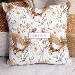 Trendy Boho Neutral Autumn Wildflowers on White Cushion<br><div class="desc">This trendy pillow features a pretty,  boho autumn pattern of neutral,  terracotta and blush pink coloured wildflowers and green leaves with butterflies on a white background. Personalise with your name or monogram in a matching rose pink colour.</div>