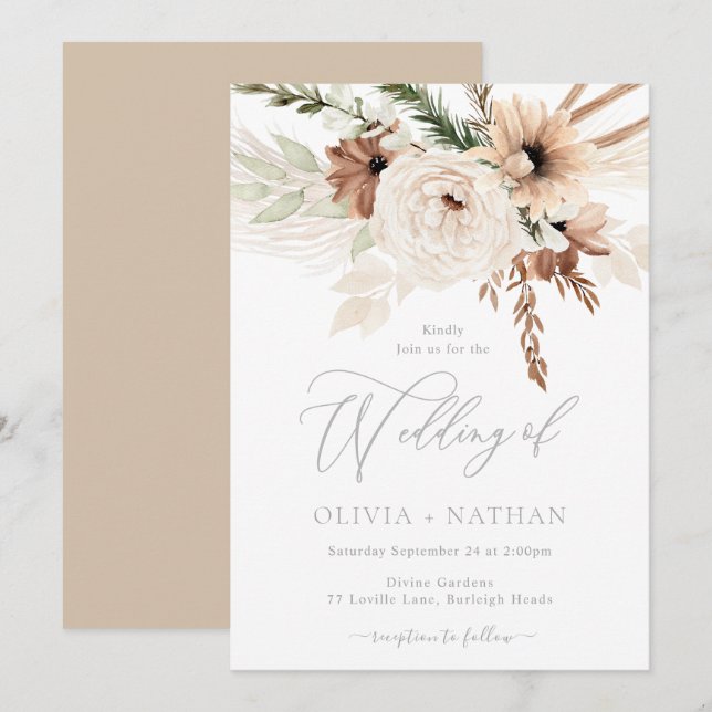 Trendy Boho Neutral Florals Wedding Invitation (Front/Back)
