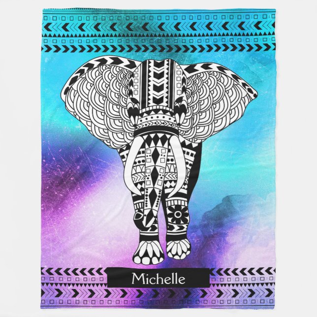 Trendy Boho Purple Space Nebula Tribal Elephant Fleece Blanket (Front)