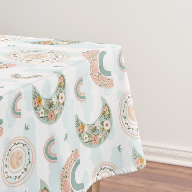 Trendy Boho Rainbow Floral Moon Sun Baby Shower Tablecloth (In Situ)