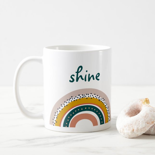Trendy Boho Rainbow Shine Bright Modern Text Dots Coffee Mug (With Donut)