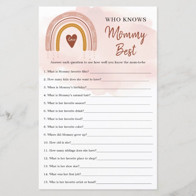 Trendy Boho Rainbow Who Knows Mummy Best Game (Front)