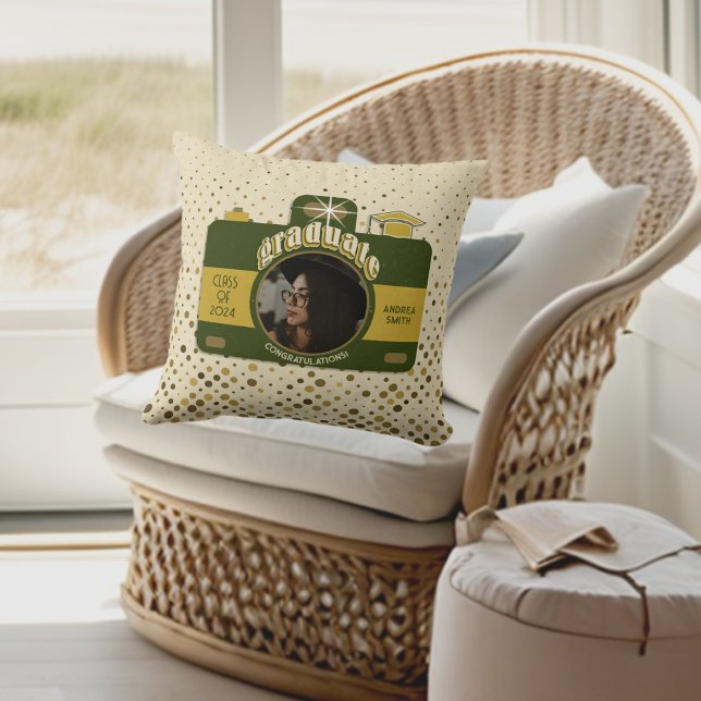 Trendy Boho Retro Photo Camera Graduate Portrait Cushion (Creator Uploaded)