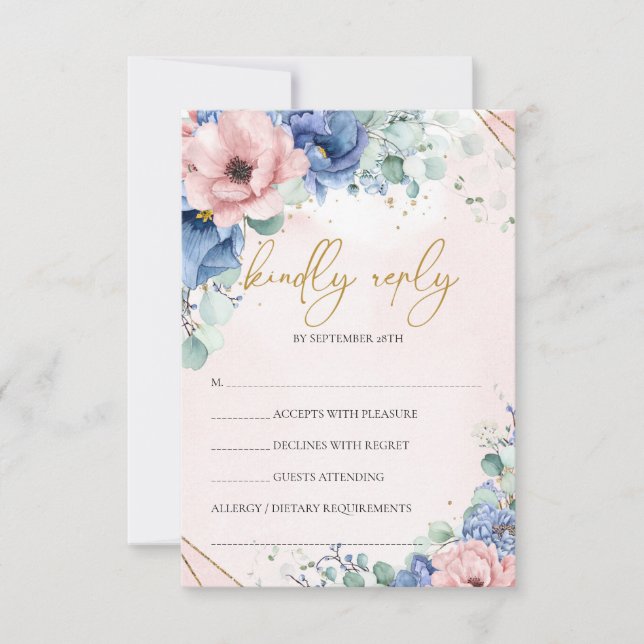 Trendy boho romantic dusty pink gold frame wedding RSVP card (Front)