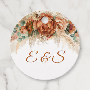 Trendy boho tropical terracotta floral initials favour tags