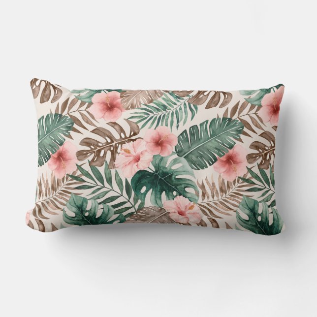 Trendy Boho Watercolor Tropical Floral  Lumbar Cushion (Front)
