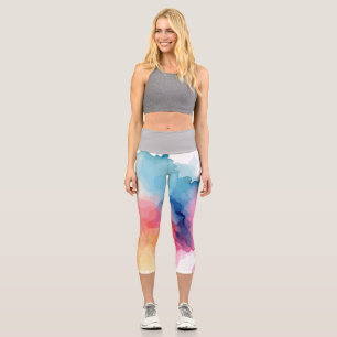 Trendy Bold Abstract Watercolor High Waisted Capri Leggings