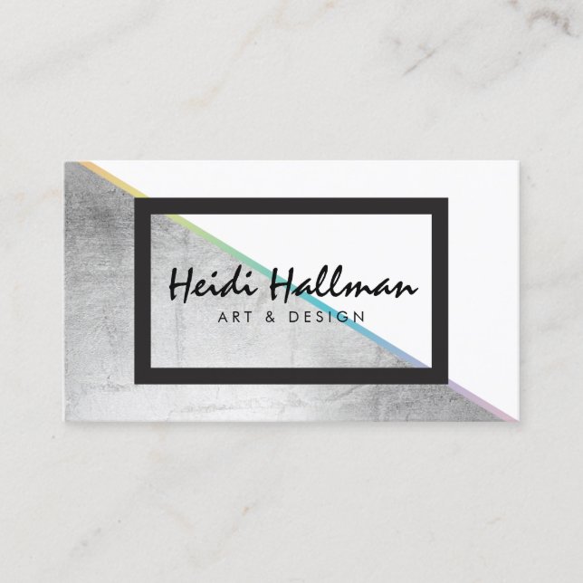 Trendy Bold Faux Silver Holographic Colour Block Business Card (Front)