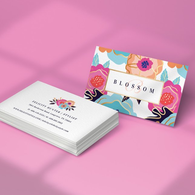 Trendy Bold Floral Pattern Print & Gold Monogram Business Card (Creator Uploaded)