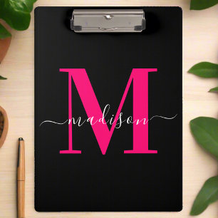 Trendy Bold Hot Pink & Black Monogram Girly  Clipboard