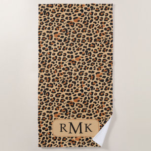 Trendy Bold Leopard Print Custom 3 Letter Monogram Beach Towel