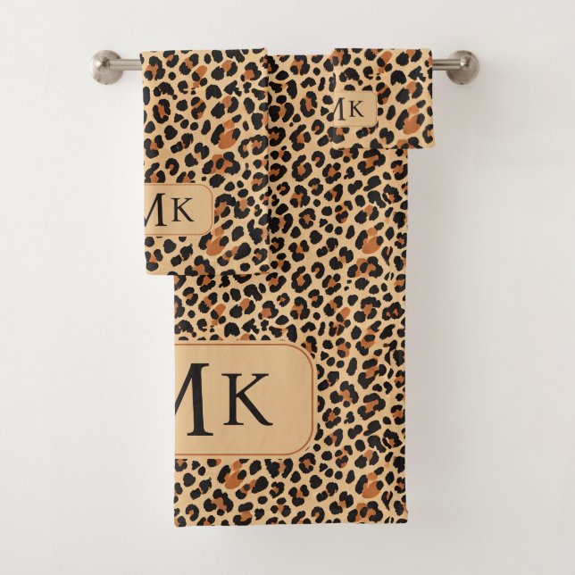 Trendy Bold Leopard Print Custom Monogram Bath Towel Set (Insitu)