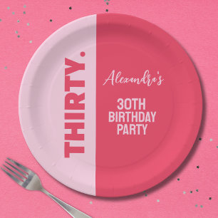Trendy Bold Pink and Red Girly 30th Birthday Paper Plate