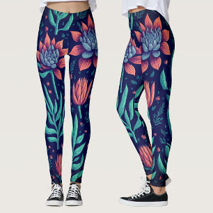 Trendy Bold Red Green Garden Succulents Floral  Leggings