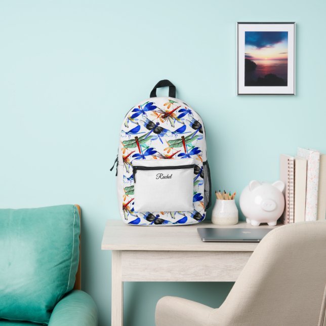 Trendy Bold Watercolor Dragonfly Pattern Printed Backpack (Insitu)