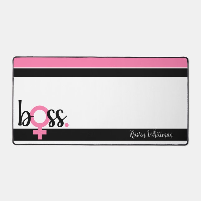 Trendy Boss Lady Modern Typography Pink Black Desk Mat (Front)