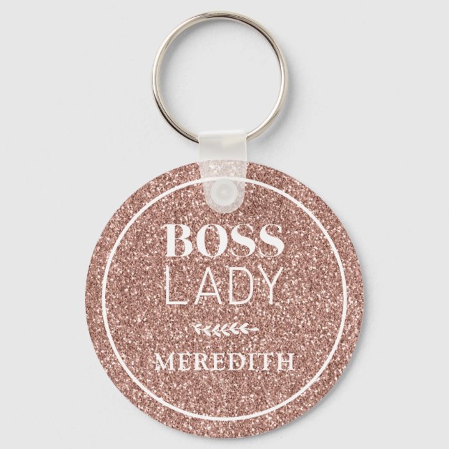 Trendy Boss Lady Rose Gold Glitter Personalized Key Ring (Front)