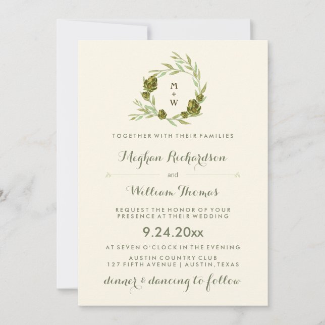 Trendy Botanical Wreath with Leaves and Artichokes Invitation (Front)