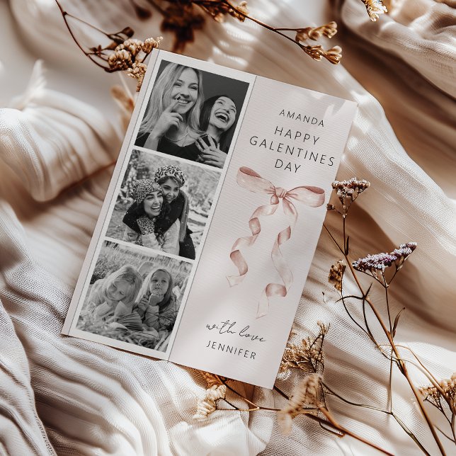 Trendy Bow 3 Photo Galentines Day Card (Creator Uploaded)