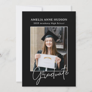 Trendy Bow Ribbon Black & White Photo Graduation Invitation