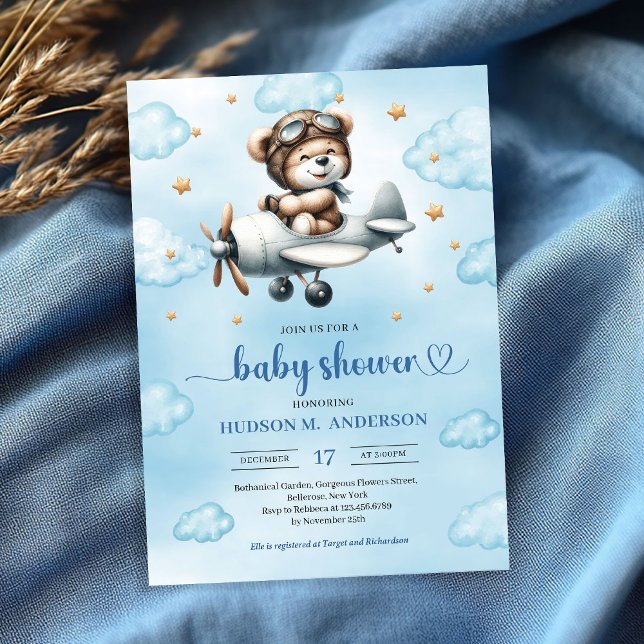 Trendy Boy Shower Teddy Bear Pilot Blue Brown Invitation (Trendy Boy Shower Invite Teddy Bear Pilot Blue Brown

)