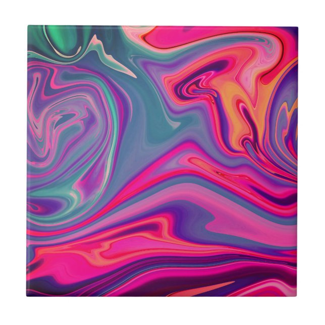 Trendy Bright Blue Pink Green Abstract Pattern Tile (Front)