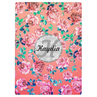 Trendy Bright Girly Pink Vintage Floral Monogram Clipboard