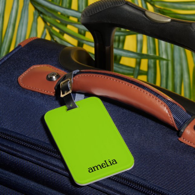 Trendy Bright Green Personalised Luggage Tag (Front Insitu 1)