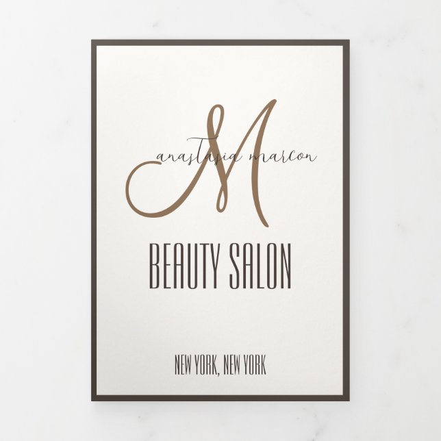 Trendy Brown Beauty SPA Salon Photo Monogram  Tri-Fold Card (Cover)