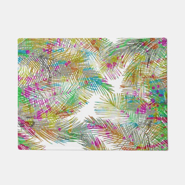 Trendy brown green watercolor hand painted palm doormat (Front)