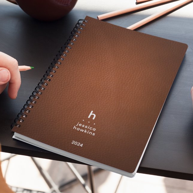 Trendy Brown Leather Modern Monogram Weekly Planner (Creator Uploaded)