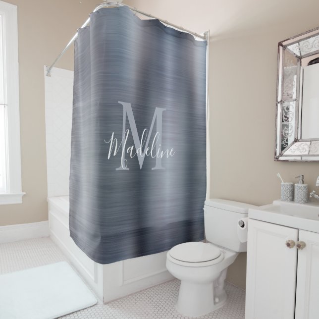 Trendy Brushed Metal Black Silver Grey Monogram Shower Curtain (In Situ)