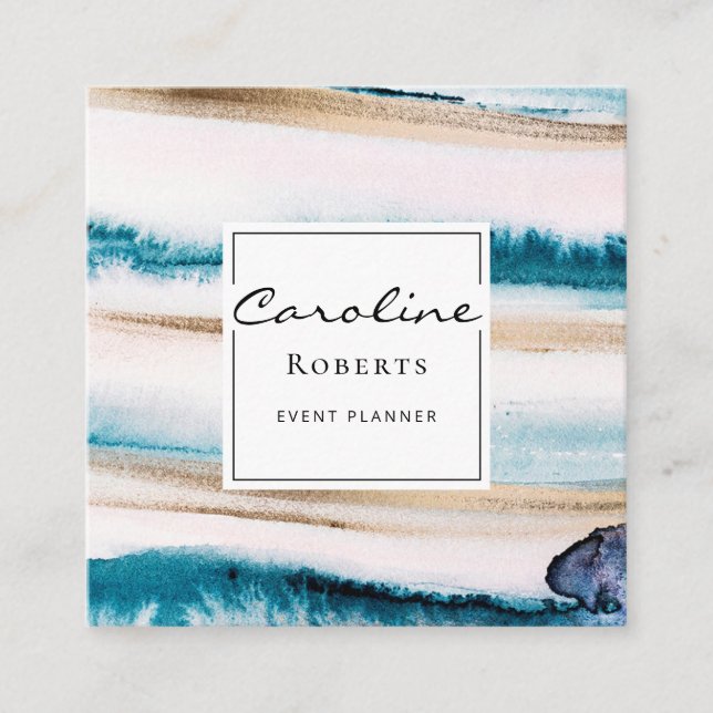 Trendy Brushstrokes Watercolors Elegant Blue Gold Square Business Card (Front)