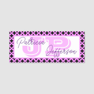 Trendy Bubblegum Pink Black Lattice Mesh: Monogram Name Tag