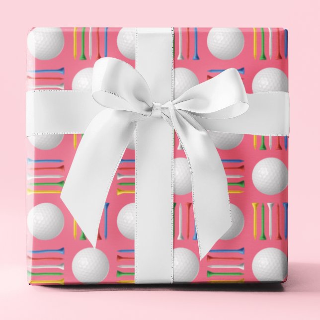 Trendy Bubblegum Pink Golf Ball and Tee Gift  Wrapping Paper (Creator Uploaded)