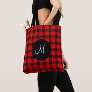 Trendy Buffalo Red Black Plaid monogram Tote Bag