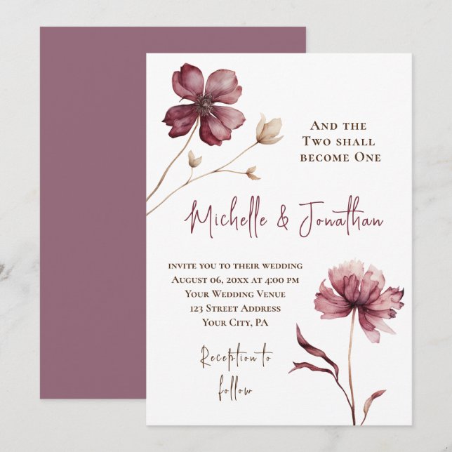 Trendy Burgundy Flowers Christian Bible Wedding Invitation (Front/Back)