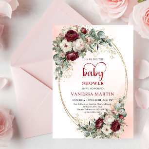 Trendy Burgundy Flowers Eucalyptus Baby Shower  Invitation